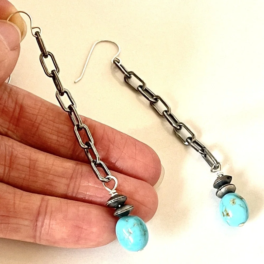 Long Navajo Turquoise Earrings 3.25in Sterling 925 Dangle Navajo Matte Chain - Picture 2 of 9
